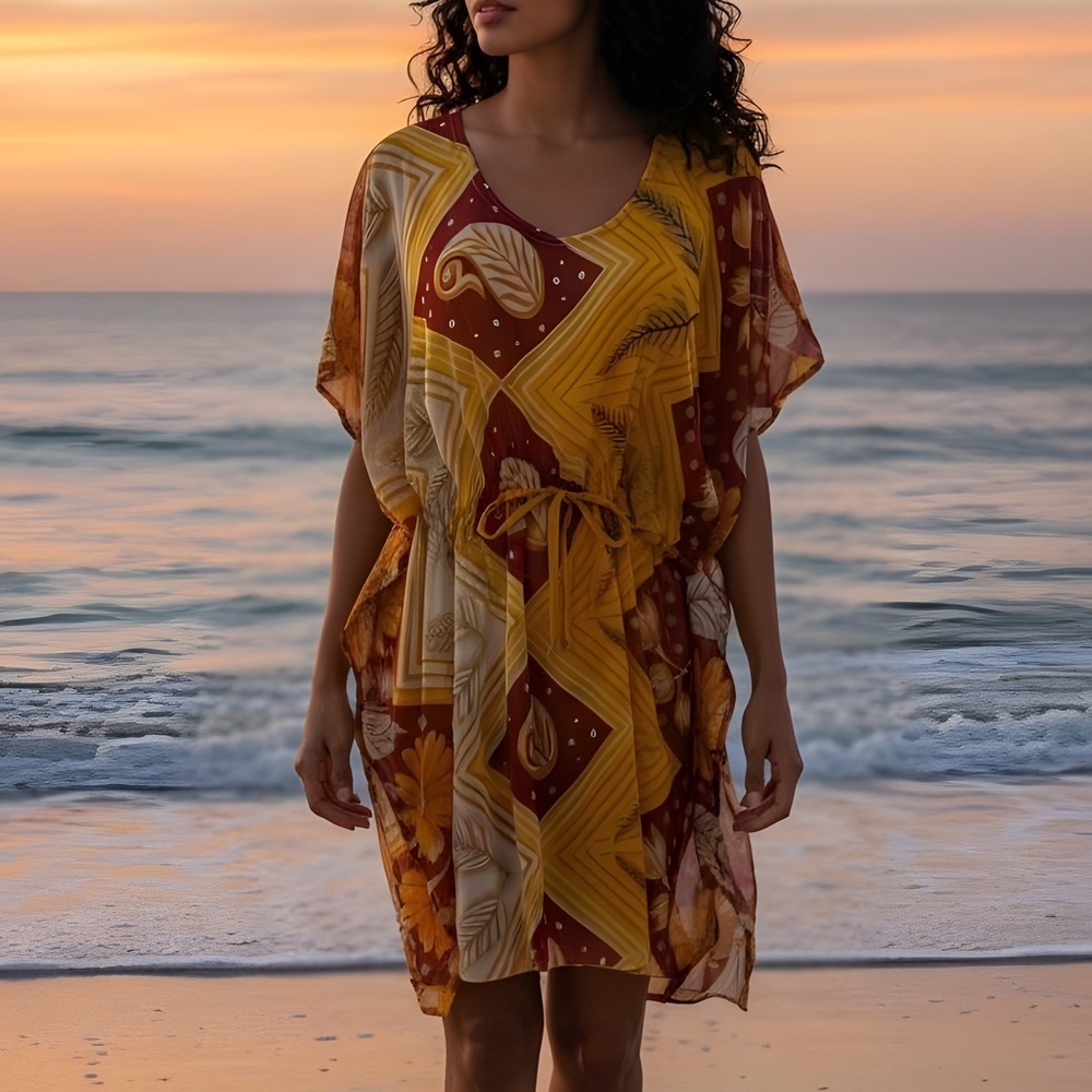 Casual Vibrant Patterned Top Poncho Batwing Swimsuit Coverup